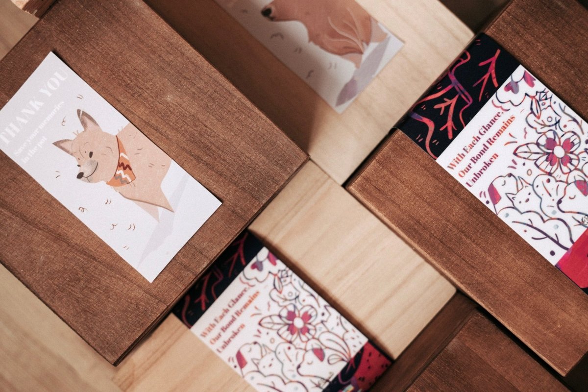 Hand-painted illustration dog gift card with a wooden box