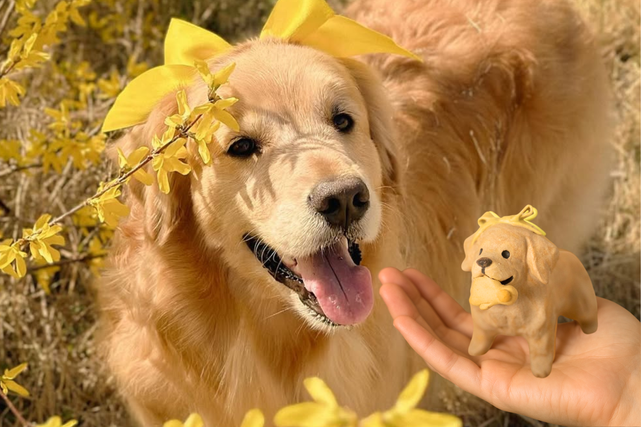 Golden Retriever posing with its custom ceramic figurine, wearing a yellow bow and holding its favorite duck plush toy – heartfelt pet keepsake