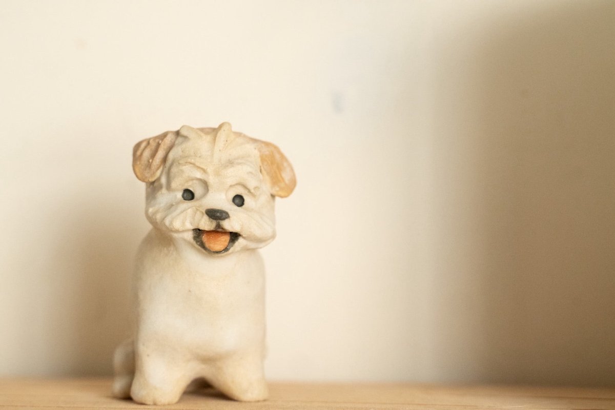 Person holds miniature handmade ceramic dog sculpture next to real Maltipoo dog named Tete. Custom pet loss memorial.